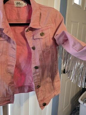 Lola Pink Denim Jacket with Rhinestone Fringe - Distressed Look - Girls Size 12